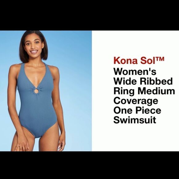 Kona Sol Blue Textured Stripe Ring Front Tie Back One Piece Bathing Suit - Picture 3 of 16